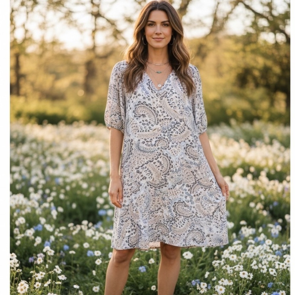 LOFT Womens Blue Lavender Paisley Floral Rayon V-Neck Tiered Shift‎ Dress Size M